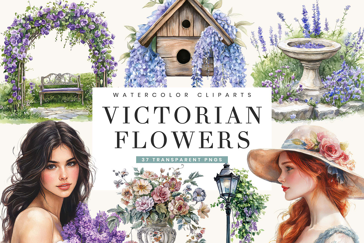 Watercolor Victorian Flowers Clipart, a Person Illustration by BusyDaydesign (Photo 1 of 9)
