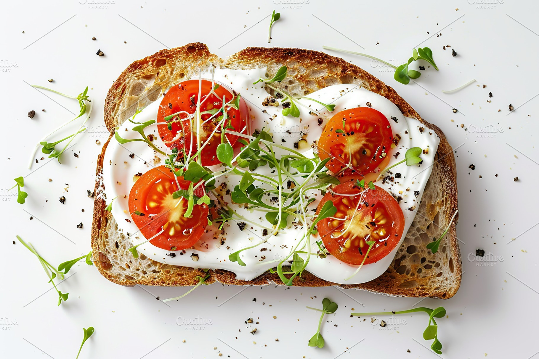 Sandwich with cream cheese, microgreens and tomatoes on white background, a Food & Drink Photo by AlyaAnd