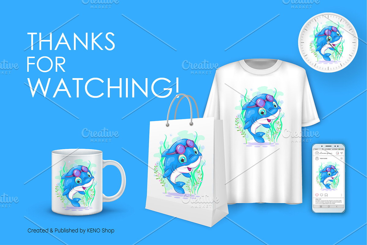 Cute cartoon dolphin, Tshirt, PNG., an Animal Illustration by KENO Mascots (Photo 6 of 6)