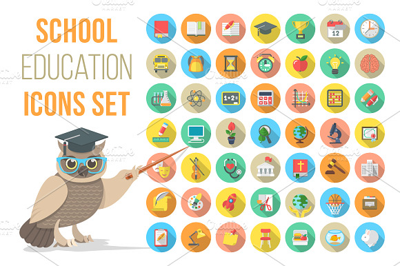 Vector Flat Round School Icons