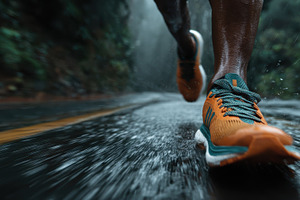 Runner in orange shoes sprints throu, a Photo by Pixeness Studio