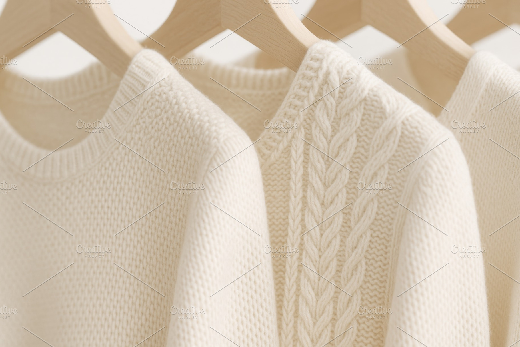 White knitted sweaters hanging on wooden hangers, textile fashio, a Photo by Dvoevnore photos