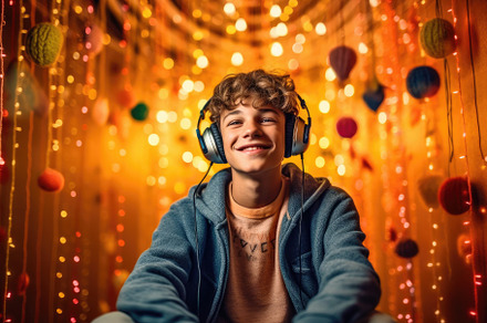 Adolescent boy listening to music with fun headphones in his roo, a Person Photo by designvectx