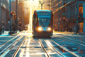 Modern city street with rails and tram, a Transportation Photo by AlyaAnd