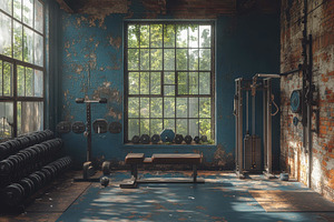 Workout space featuring equipment an, a Photo by Tanuart