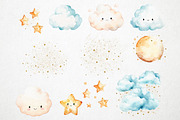 Watercolor moon stars & clouds, PNG, an Object Illustration by PixelJungle (Thumbnail 4 of 4)