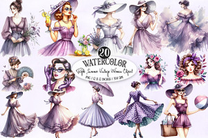 Purple Summer Vintage Woman Clipart, an Illustration by Designking