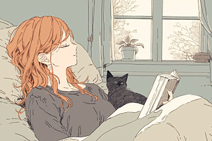 Young woman reading a book in bed with black cat nearby, a Photo by AS photostudio