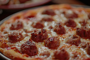 Fresh homemade pizza with cheese and meat, a Food & Drink Photo by AlyaAnd
