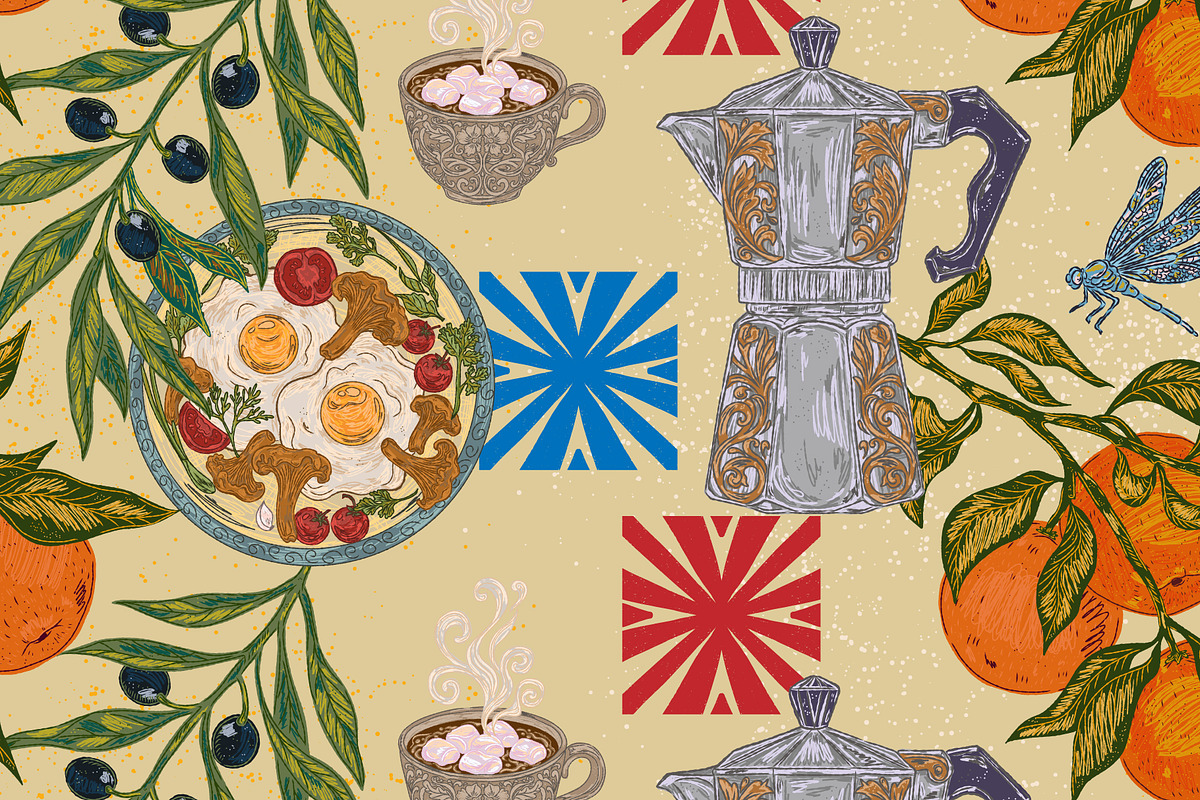 Mediterranean Breakfast Coffee Seaml, a Pattern Graphic by NayaChu (Photo 4 of 10)