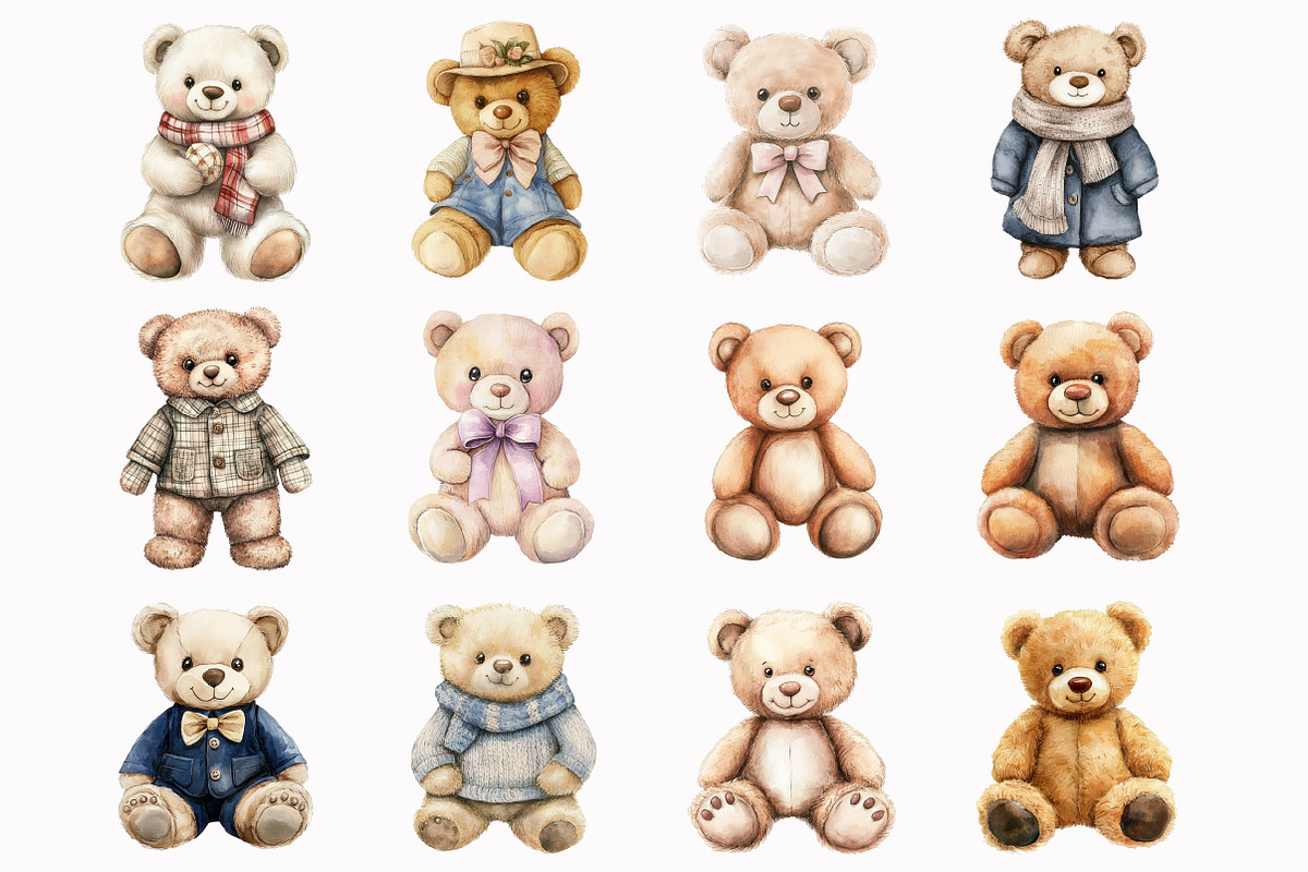 Watercolor Teddy Bear Clipart, an Illustration by Design Market (Photo 2 of 5)