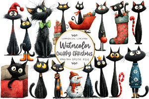 Quirky Christmas Black Cat Clipart, an Illustration by OK Design