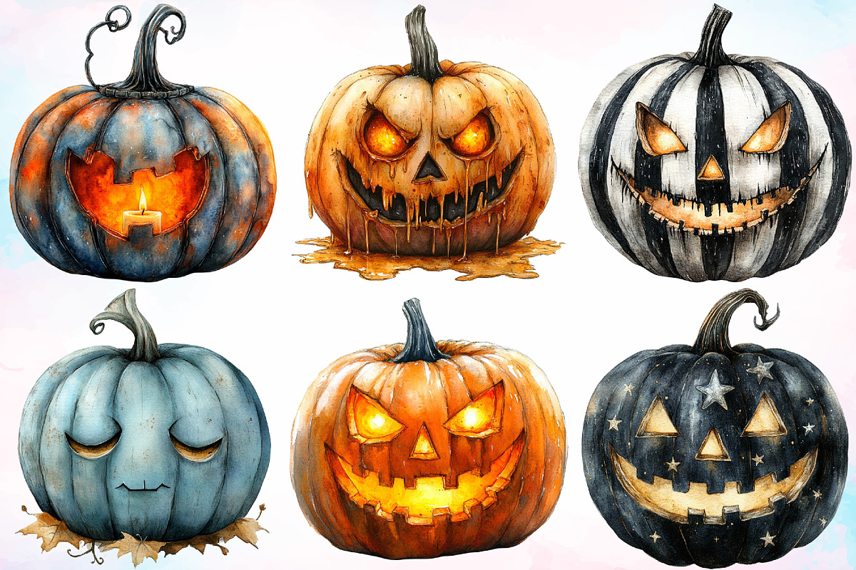 Watercolor Halloween Pumpkin Clipart, a Seasonal Illustration by Canvas Craft (Photo 5 of 8)