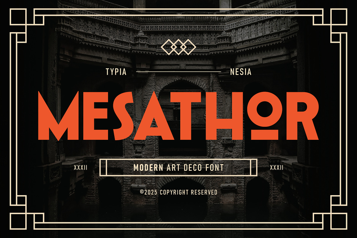 Mesathor – Modern Art Deco Font, a Sans Serif Font by Typia Nesia (Photo 1 of 12)