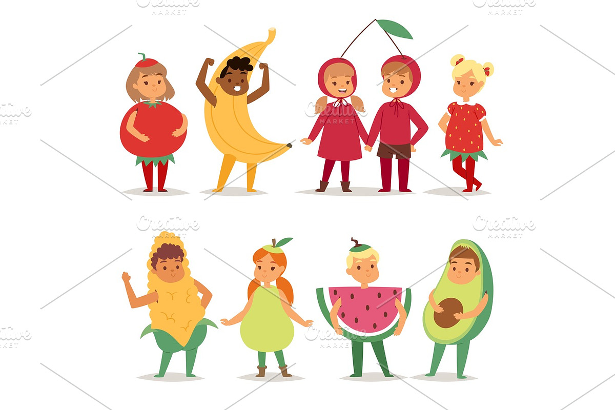 Cartoon kids fruits festive costume boys and girls fancy dress childhood party characters vector illustration., a Food Illustration by RocketArt
