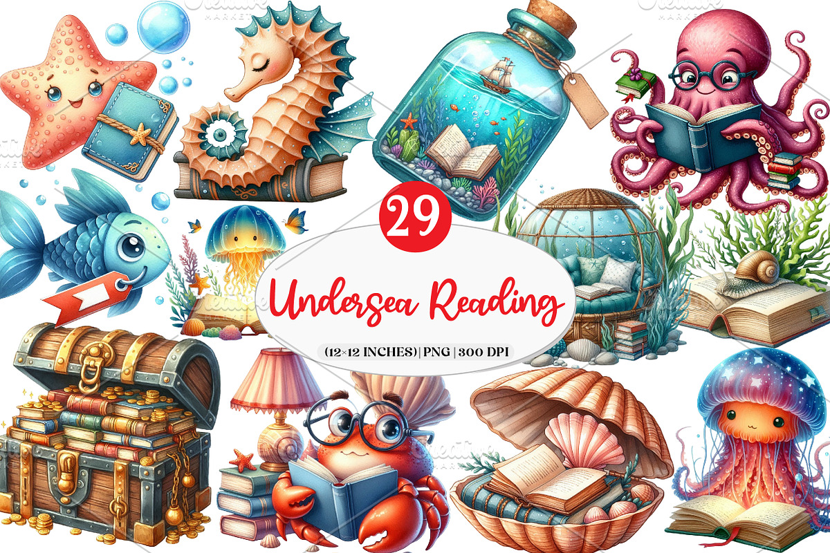 Undersea Reading Clipart, an Illustration by Watercolor design (Photo 1 of 4)