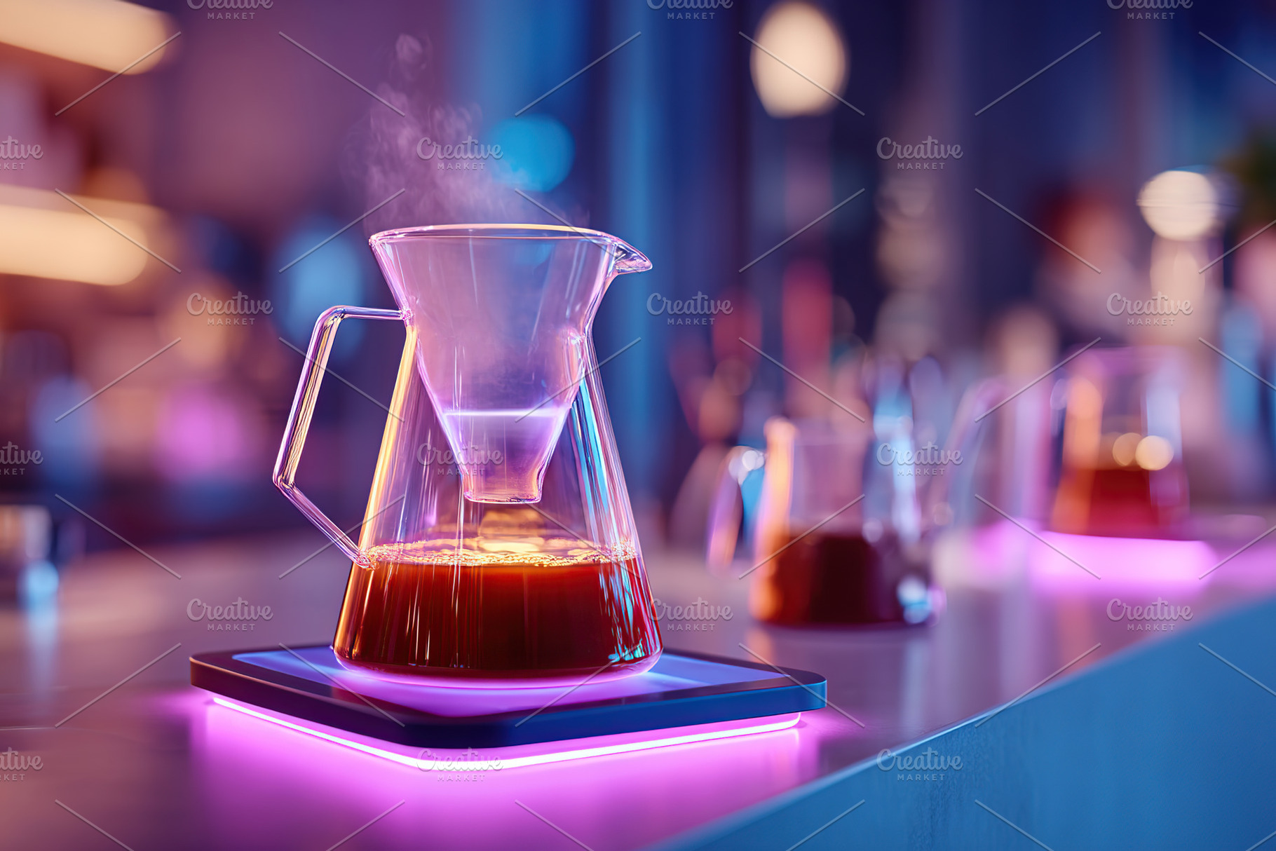 Neon-lit bar counter showcasing pour-over coffee brewing in a vibrant atmospher, a Food & Drink Photo by AlyaAnd