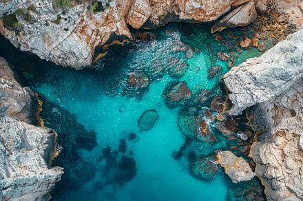 Waves gently lap against jagged rock, a Photo by Tanuart