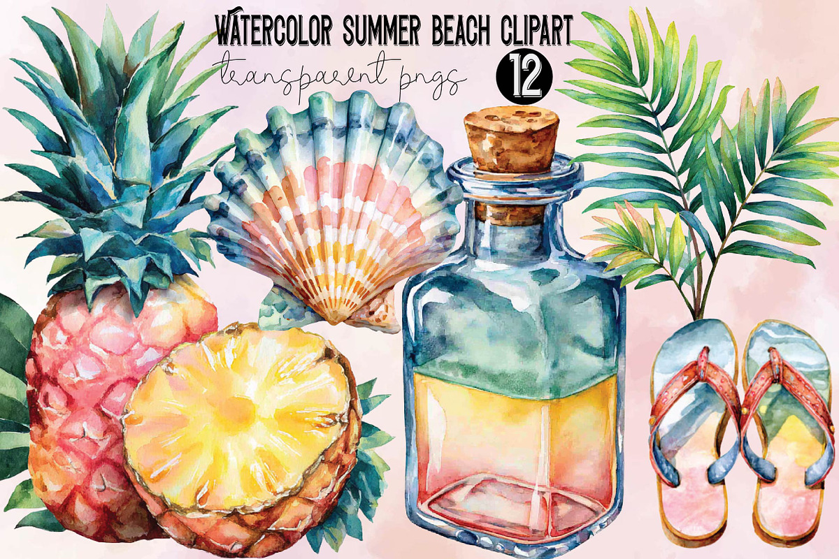 Watercolor Summer Beach Clipart, an Illustration by SVGArt (Photo 1 of 9)