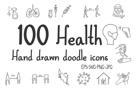 100 Health Hand Drawn doodle Icons