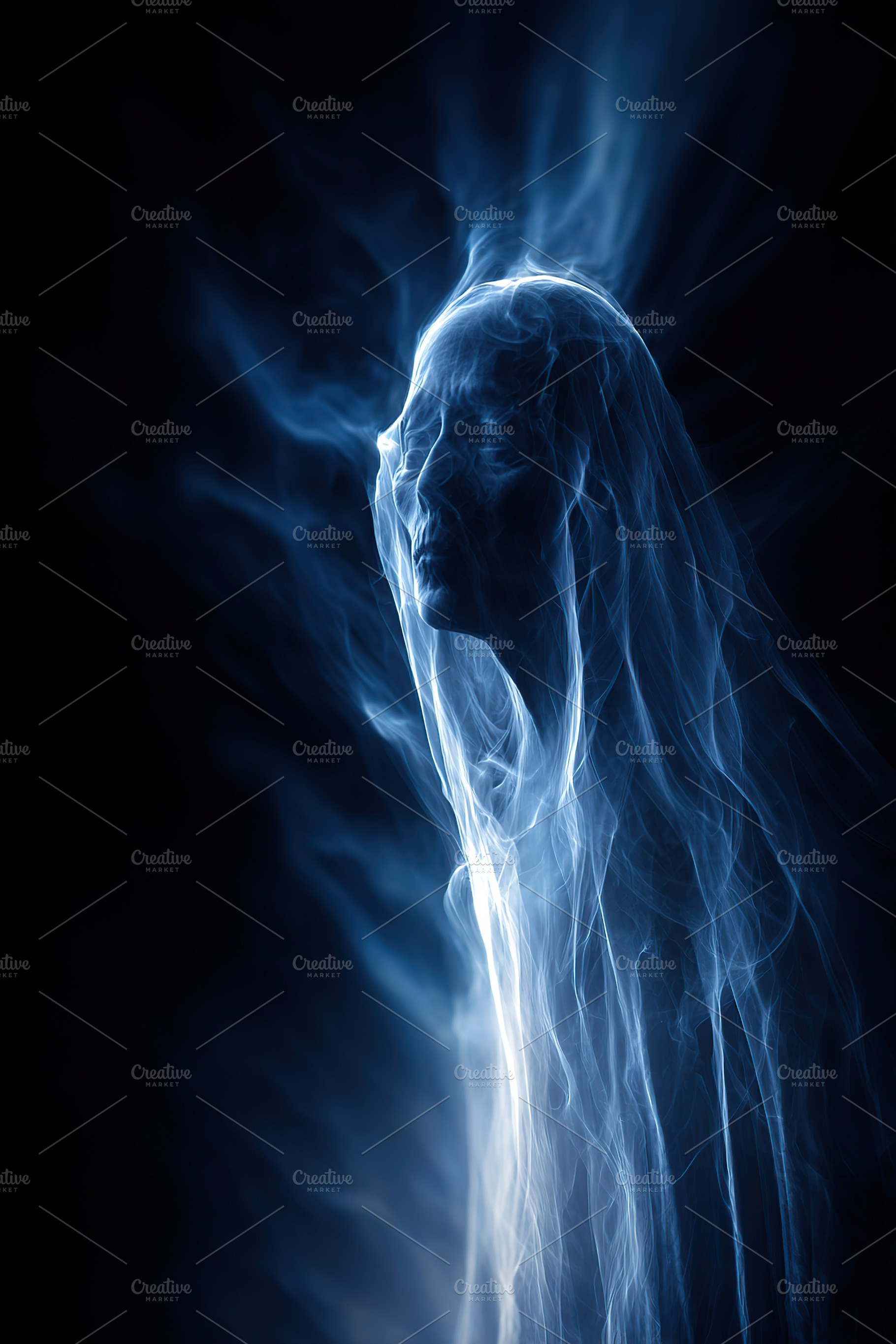 Ethereal figure emerges from dark background with flowing blue energy at night, an Arts & Entertainment Photo by AlyaAnd
