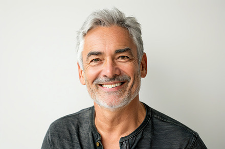 Portrait of mature man with grey hair on white background, a Person Photo by AlyaAnd