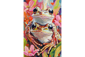 Colorful Frog Couple with Flowers, an Animal Illustration by Art Paradise Studios