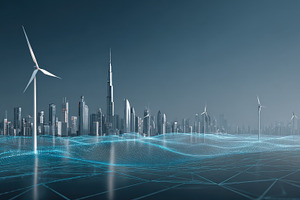 Wind Turbines Powering Futuristic Ci, a Photo by Pixeness Studio