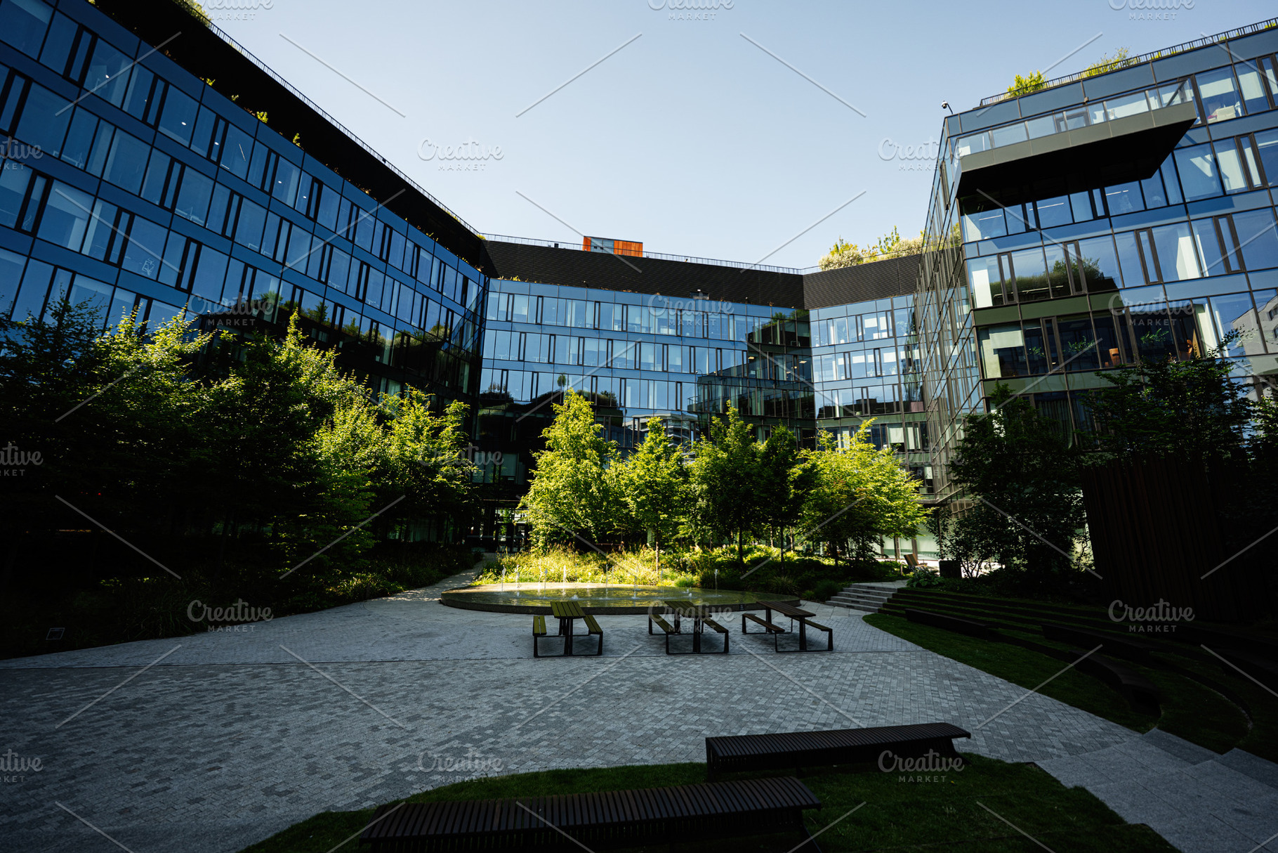 Modern office courtyard with benches and lush greenery under sunny blue skies, a Photo by AS photostudio
