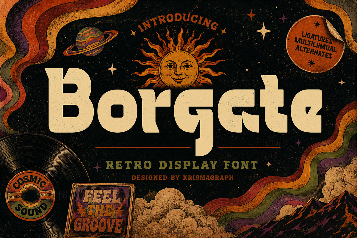 Borgate – Retro Display Font, a Sans Serif Font by Krismagraph (Photo 1 of 10)