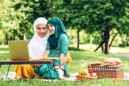 Portrait happy love asian muslim family mother teach little daug
