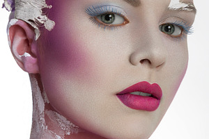 Girl with creative pink make up stock photo containing beautiful and woman