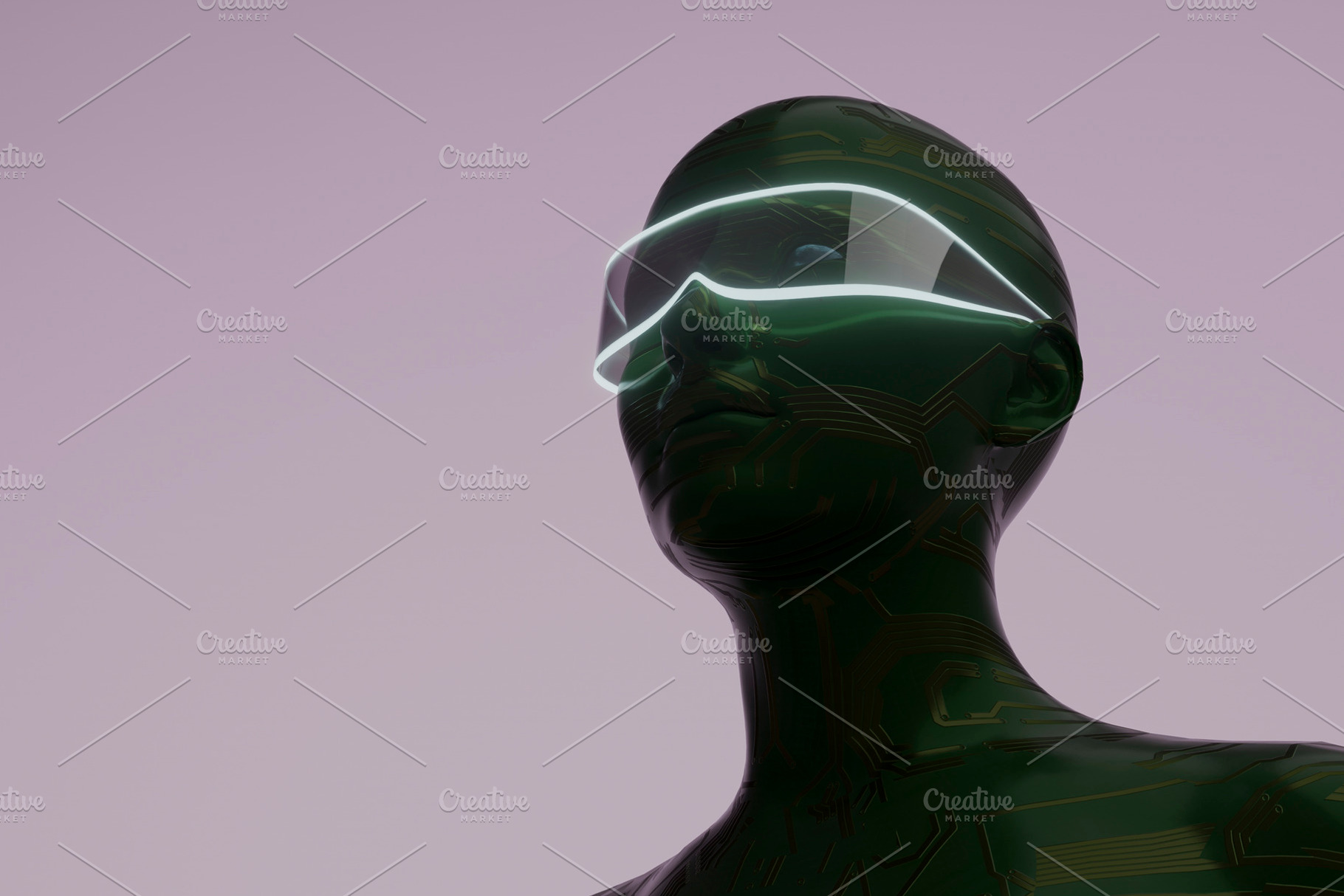 Green circuit humanoid wearing glowing smart visor, a Technology Photo by RF Images