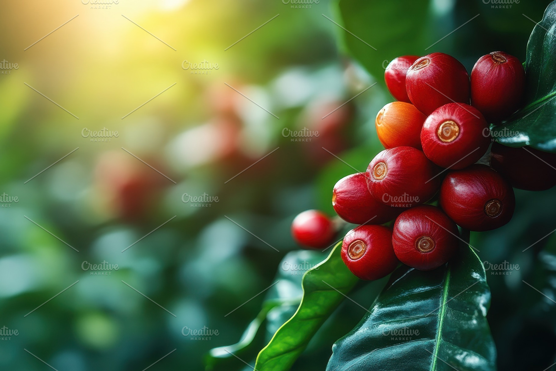 Bright red coffee cherries await har, a Photo by Tanuart
