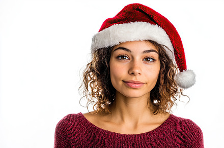 Cute young woman in christmas sweater and santa hat, a Holiday Photo by AlyaAnd