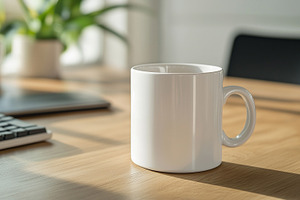 White ceramic mug on a wooden desk, a Food & Drink Photo by MistyDay