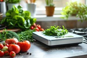 Modern kitchen scales with fresh vegetables, a Food & Drink Photo by AlyaAnd