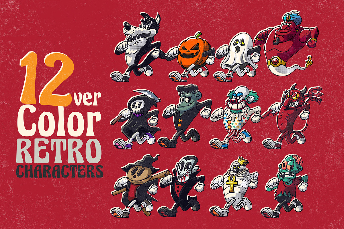 Halloween 12 Retro Characters, a Background Graphic by GRVS Studio