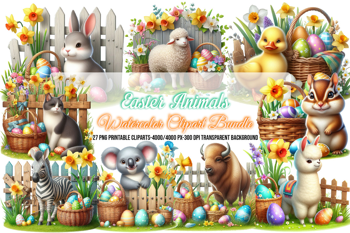 Watercolor Easter Animals Clipart, a Seasonal Illustration by Craft Nest (Photo 1 of 7)