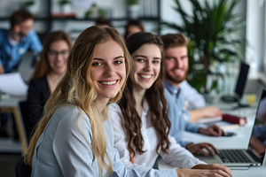 Portrait of business people standing as a team in modern office, a Person Photo by AlyaAnd