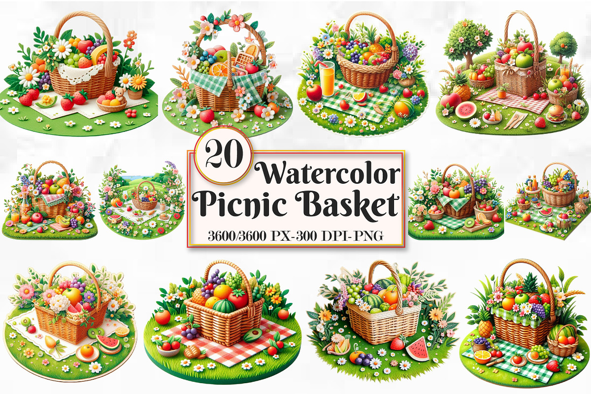 Watercolor Picnic Basket Sublimation, a Seasonal Illustration by Craft Nest (Photo 1 of 5)