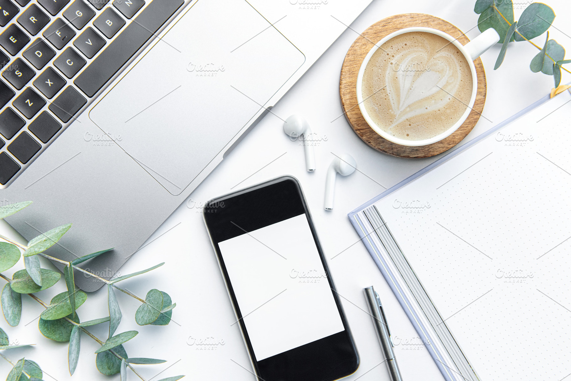Office desk table with laptop, supplies and coffee cup, a Business Photo by Olena Rudo