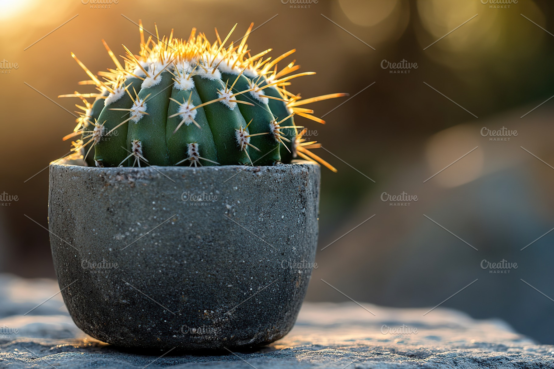 Prickly cactus in a concrete pot glowing under warm sunlight during golden hour, a Nature Photo by AlyaAnd