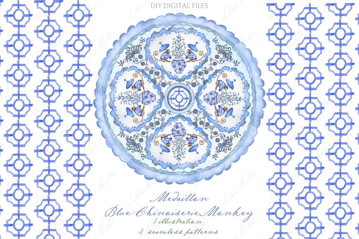 Blue Chinoiserie Monkey Medallion, an Education Illustration by LABFcreations (Photo 1 of 4)