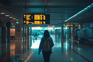 Passenger wearing a backpack checks, a Photo by Pavel_design