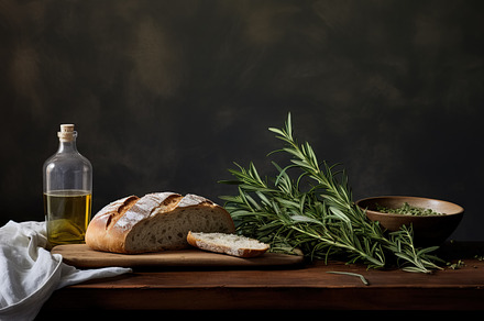 Homemade rustic bread on a wooden cutting board, rosemary, and o, a Food & Drink Photo by Studio Light & Shade