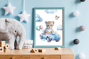 Watercolor Animals And Cars Cliparts