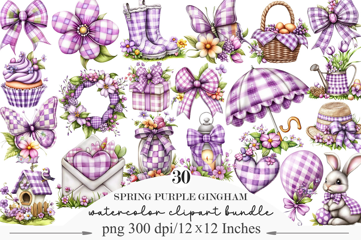 Spring Purple Gingham Clipart Bundle, an Illustration by Designking (Photo 1 of 5)