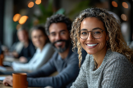 Smiling woman with curly hair enjoyi, a Photo by Tanuart
