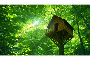 Wooden Treehouse Perched Amidst Lush, a Nature Photo by Lermont51